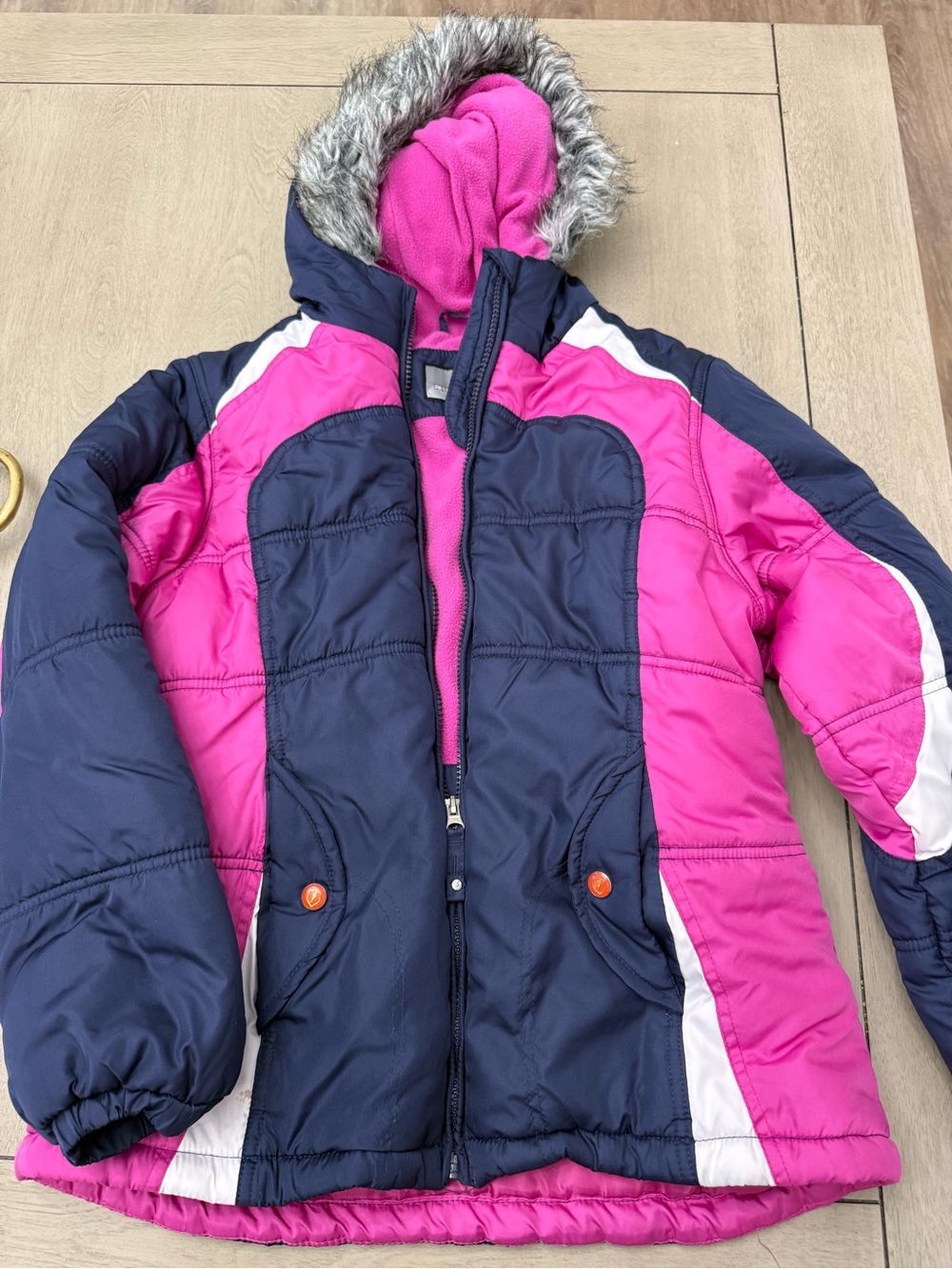 Girls' Navy and Pink Hooded Puffer Coat with Faux-Fur Trim